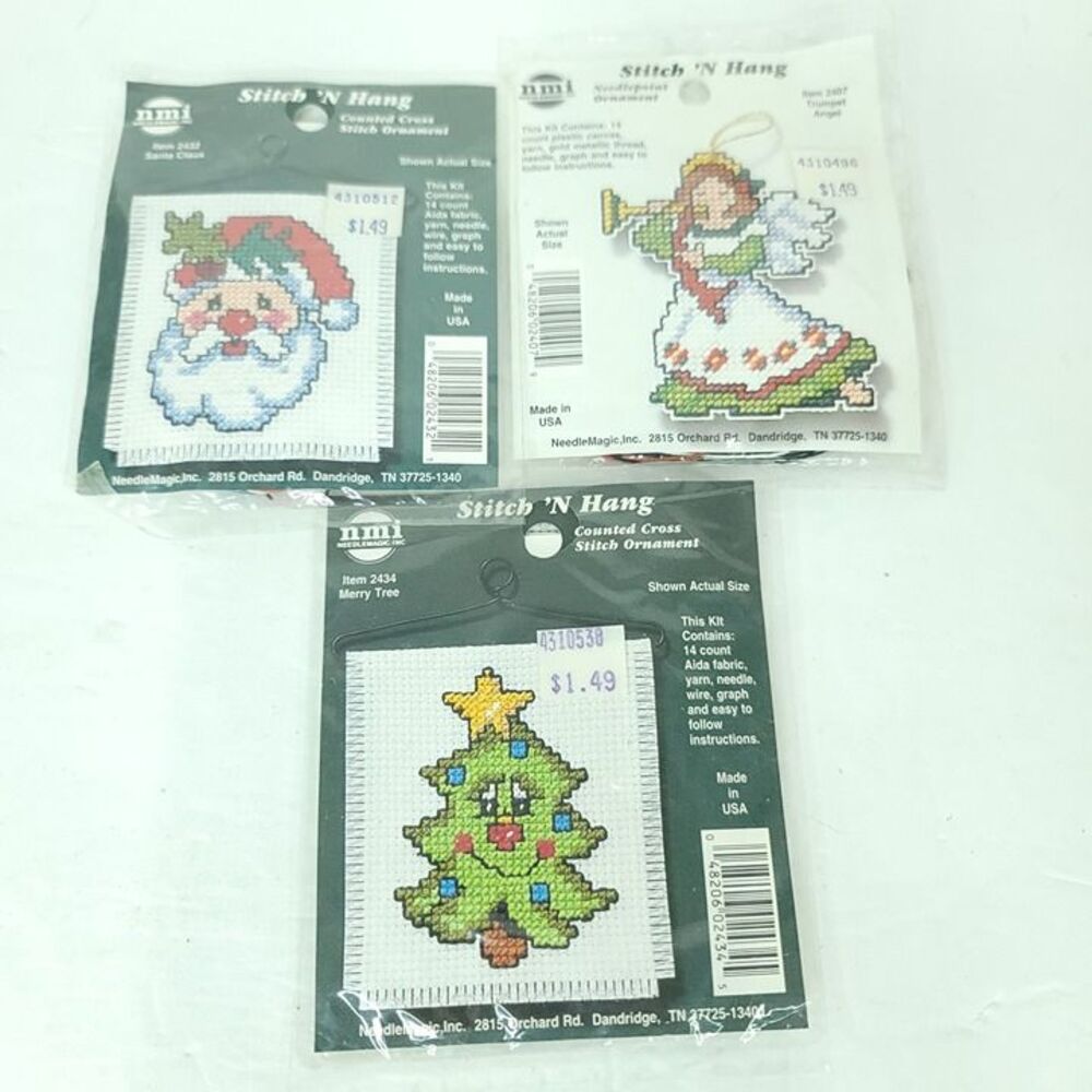 Stitch N Hang Christmas Counted Cross Stitch Kit Lot Of 3 Ornament Santa Angel
